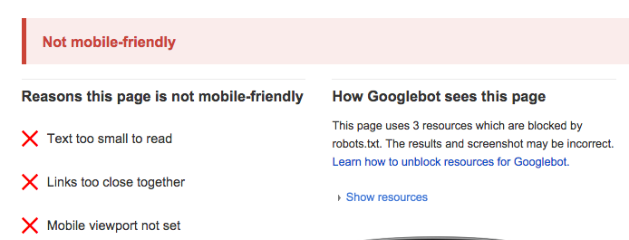 not mobile friendly Google
